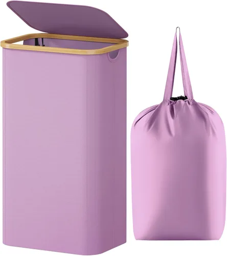 Miniatura 38 de Lifewit Cesta de ropa de 120L con tapa, cestas de ropa para lavandería con asas de bambú y una bolsa de lavandería extraíble, cesta plegable grande