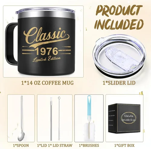 Miniatura 2 de Qtencas Regalos de cumpleaños número 50 para él, taza de café aislada clásica de 1976 con tapa y pajilla, ideas de regalo de cumpleaños