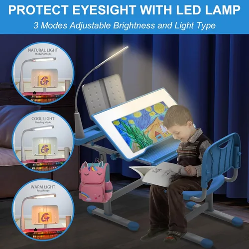 Miniatura 2 de BELANITAS Juego de escritorio y silla para niños, escritorio escolar de altura ajustable para niños, inclinable de 40 grados con 3 modos de luz