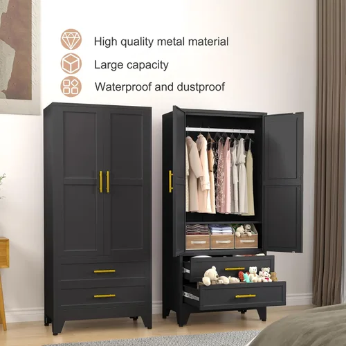 Miniatura 5 de PAOFIN Armario de metal negro de 71 pulgadas, armario de almacenamiento de ropa para dormitorio con 2 cajones y barra para colgar, armario