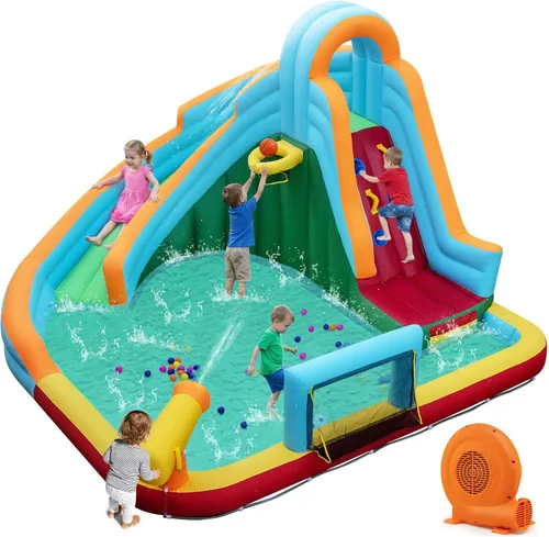 Miniatura 14 de HONEY JOY - Tobogán acuático inflable, parque acuático inflable 6 en 1 con muro para escalar y 2 toboganes largos, piscina, castillo inflable