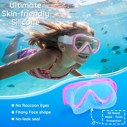 Miniatura 6 de MOMUSE Gafas de natación para niños con correa de tela suave, máscara de buceo con cubierta de nariz 3D sin fugas, lente antivaho e inastillable