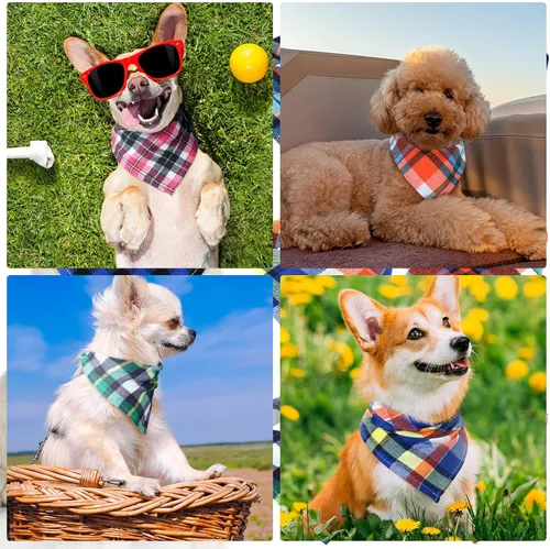 Miniatura 7 de Honoson 6 pañuelos triangulares para perro, bufanda para perro, bufanda con estampado a cuadros, baberos ajustables, lavables, juego de bandana