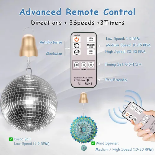 Miniatura 3 de Motor de bola de discoteca con control remoto, 1-30 RPM y motor giratorio de viento ajustable de 3 velocidades y temporizador, motor giratorio