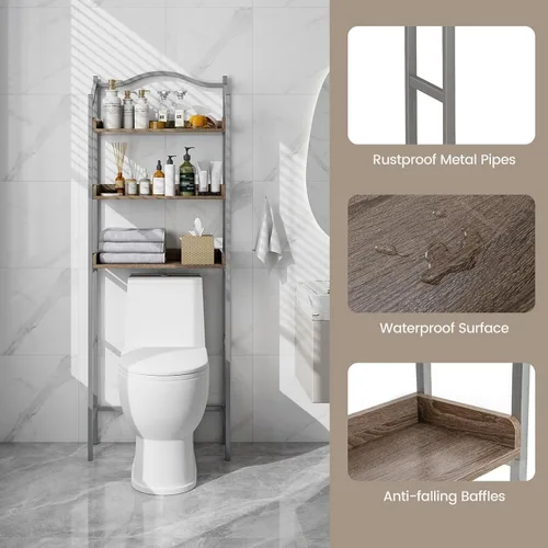Miniatura 8 de Tangkula Estante de almacenamiento sobre el inodoro, estante de baño de 3 niveles sobre el inodoro con barra inferior ajustable y dispositivos