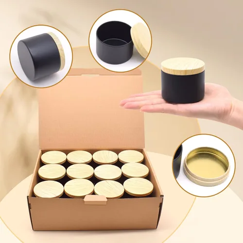 Miniatura 6 de Paquete de 12 tarros de velas, latas de velas de 4 onzas con tapas de impresión de grano de madera de metal, tarros de velas de metal vacíos