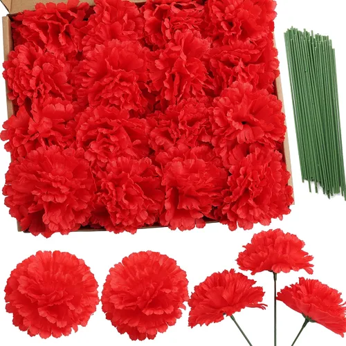 Miniatura 7 de Paquete de 50 palillos de clavel de seda artificial, cabezas de clavel de flores artificiales con tallos para bricolaje, ramos de boda, centros