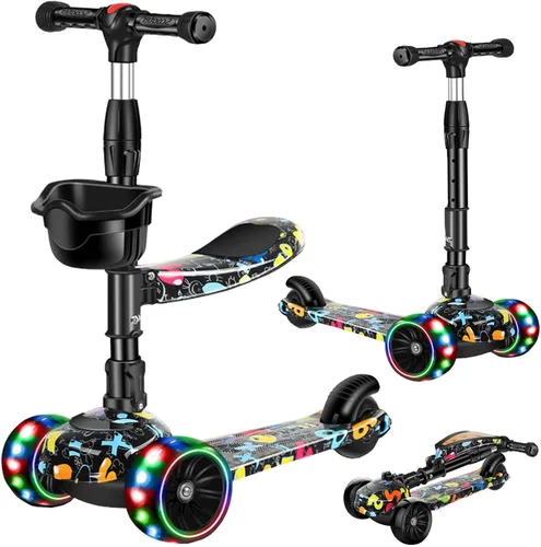 Patinete 2 en 1 para niños de 3 a 8 años, altura ajustable, asiento extraíble, 3 ruedas de luz LED, actividades al aire libre para niños y niñas