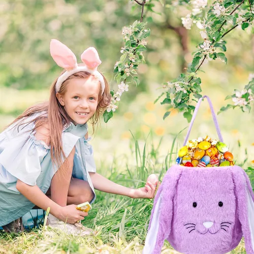 Miniatura 5 de Cesta de conejo de Pascua de felpa, cubos de Pascua con monograma con orejas largas de felpa, bolsas de regalo de Pascua para caza de huevos, bolsas