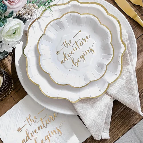 Miniatura 7 de Kate Aspen The Adventure Begins - Juego de platos y servilletas de papel para boda, 72 piezas, platos de boda, vajilla desechable para 24 invitados