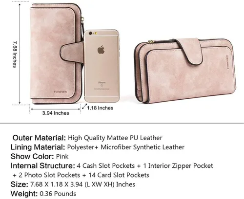 Miniatura 7 de KELEEL Cartera de cuero para mujer, monedero de embrague para tarjetas de crédito, soporte para monedas, plegable, Rosado, Classic