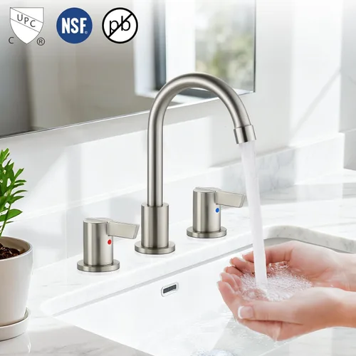 Miniatura 2 de Grifo de lavabo de baño de 3 agujeros, 8 pulgadas, grifo de baño de 2 manijas de acero inoxidable SUS304 con drenaje emergente y líneas de Níquel