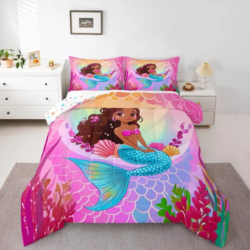 Miniatura 32 de Erosebridal Juego de edredón de sirena para niños, tamaño matrimonial, para niñas, ropa de cama de sirena brillante azul y rosa, juego de ropa