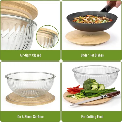 Miniatura 4 de Juego apilable de ahorro de espacio de 3 cuencos de vidrio con tapas de bambú para preparación de alimentos, almacenamiento, mezcla y cocina - Apto