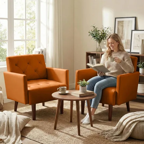 Miniatura 8 de Silla decorativa de piel sintética, moderna silla de poliuretano tapizada, silla con brazo tapizada retro, cómoda silla de cuero para sala de estar