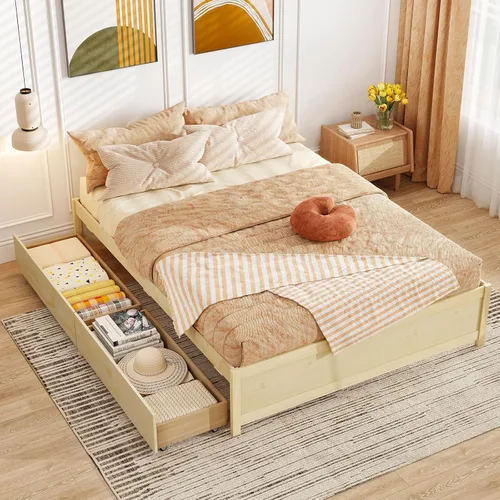 Miniatura 8 de Giantex Base de cama de plataforma de tamaño individual con 2 cajones de almacenamiento, marco de cama de madera maciza, base de colchón de soporte