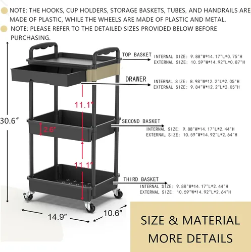 Miniatura 8 de Goovilla Organizador de carrito utilitario de 3 niveles con cajón extraíble, carritos de almacenamiento rodantes negros estables y resistentes con 2