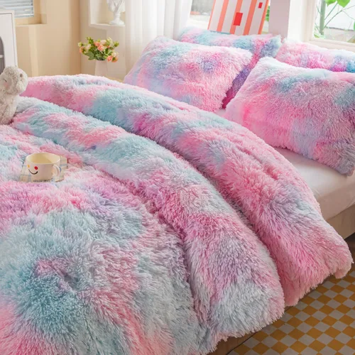 Miniatura 6 de Juego de edredón de piel sintética para niños y niñas, color morado y arcoíris, tamaño individual/matrimonial, juego de cama de 3 piezas, cálido