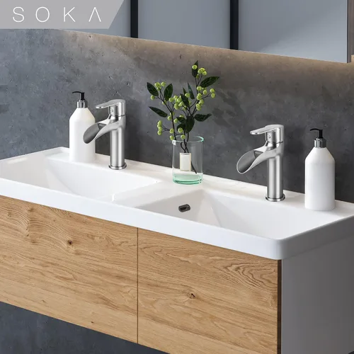 Miniatura 8 de SOKA - llave de baño en cascada, llave de fregadero de baño con un solo mango y un solo agujero para lavabo, llave de lavabo con desagüe emergente