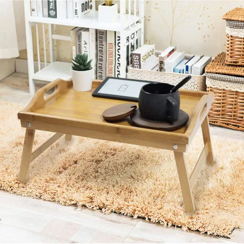 Miniatura 5 de KKTONER Bandeja de mesa de cama de bambú con patas plegables, bandeja de desayuno para cama con patas plegables para comer y portátil, bandejas