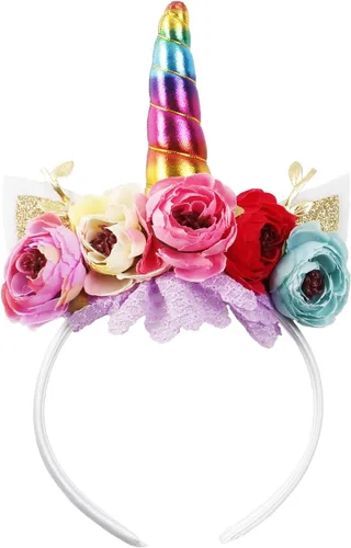 Miniatura 8 de Nishine Diadema de cuerno de unicornio con purpurina para niñas, diadema de camelia pony, banda para el pelo de flores, tiara para fiesta, regalo