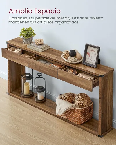 Miniatura 4 de VASAGLE Mesa Consola para Sofá, Mesa de Entrada Estrecha de 63 Pulgadas con 3 Cajones, Estante Inferior, Esquinas de Metal, para Sala de Estar