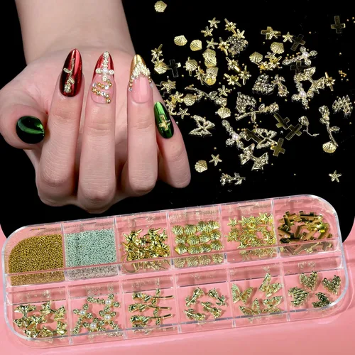 Miniatura 6 de Teenitor Kit de polvo de uñas cromado, 14 macetas de polvo cromado para uñas con dijes y gemas, polvo de uñas cromado dorado, efecto espejo rojo