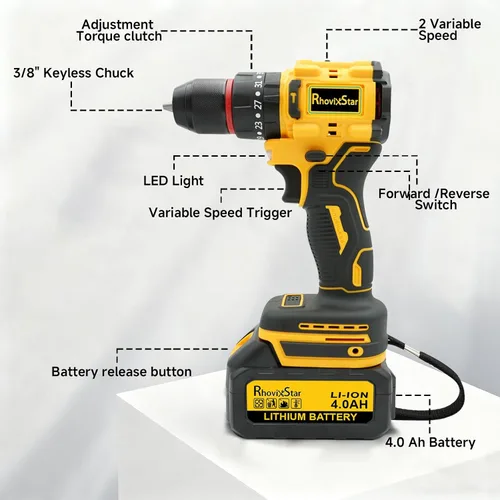 Miniatura 5 de Rhovixster - Taladro eléctrico inalámbrico de 20 V, 2 velocidades con par máximo de 30 NM, portabrocas sin llave de 3/8 pulgadas, kit