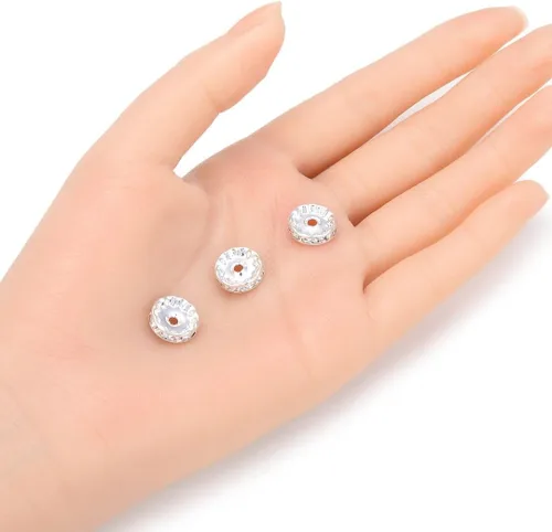 Miniatura 2 de 100 cuentas sueltas de diamantes de imitación de cristal de grado A de 0.472 pulgadas (cristal transparente), espaciador chapado en plata de ley