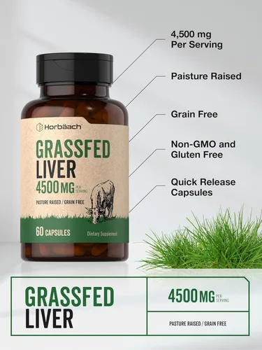 Miniatura 4 de Horbäach Hígado de res alimentado con pasto 4500 mg 60 cápsulas Desecado, criado en pasto, sin granos, suplemento sin OMG