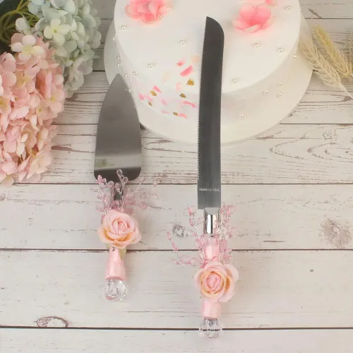 Miniatura 5 de Juego de 2 piezas de pala para tartas serie rosa, accesorio para sitios de boda, cuchillo de pan, suministros de boda occidental, acero inoxidable