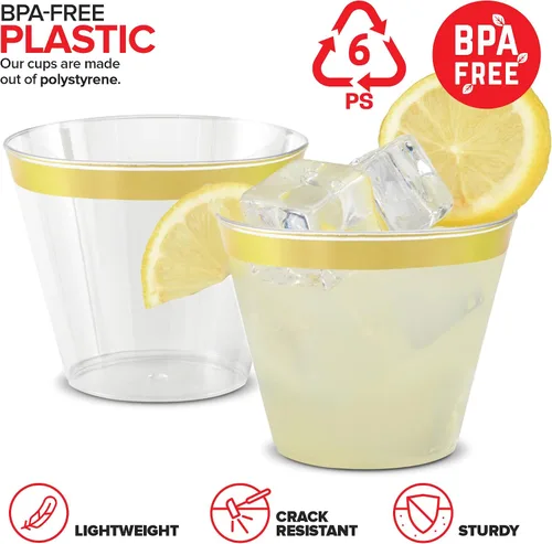 Miniatura 3 de Stock Your Home Vasos de plástico desechables con borde dorado de 9 onzas (paquete de 100) elegantes vasos para fiestas, bodas, vacaciones, vasos