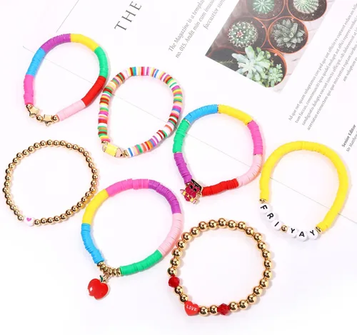 Miniatura 185 de Surfer Heishi - Pulseras apilables para mujer, apilables, de vinilo arcoíris, disco de arcilla, pulseras elásticas para la amistad, joyería bohemia