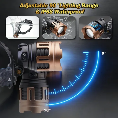 Miniatura 6 de Linterna frontal LED recargable, 2000 lúmenes, ajustable a 90°, impermeable IP68, 5 modos de luz con sensor, zoom, cable de carga USB y clips