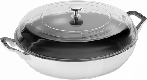 STAUB - Estofador de hierro fundido con tapa de cristal, horno holandés, 3.5 cuartos, sirve para 3-4 personas, fabricado en Francia, color blanco