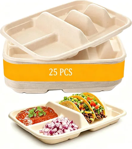 Platos desechables para tacos para 2 tacos y 2 lados, paquete de 25 | Platos de papel premium con divisores, soporte para tacos de fiesta, soporte