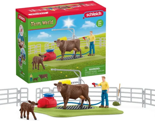 Miniatura 10 de Schleich Farm World, juguetes de animales de granja para niños, Happy Cow Wash con juguetes de vaca y área de lavado de trabajo, juego de 16 piezas