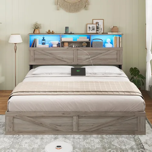 Miniatura 8 de AOGLLATI - Base de cama de tamaño matrimonial estilo granja con 4 cajones de almacenamiento y estación de carga, base de cama completa de madera