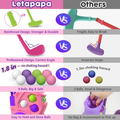 Miniatura 4 de Letapapa Juego de golf para niños pequeños con tapete de puting, 4 palos, 8 bolas, 2 agujeros de práctica para niños de 3 a 5 años, juguetes Rosa