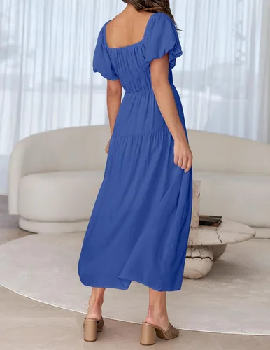 Miniatura 4 de ZESICA Women's 2024 Sexy Boho Off Shoulder Puff Short Sleeve High Waist Ruffled Flowy A Line Beach Party Midi Dress