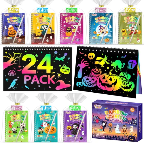 Miniatura 20 de Recuerdos de papel para rascar para fiestas para niños: paquete de 16 cuadernos de rayas arcoíris, bolsas de regalo, libros para colorear, recuerdos