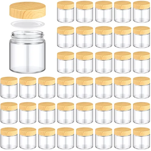 Miniatura 7 de Norme 120 tarros de vidrio de 4 onzas con tapas, recipientes de vidrio vacíos con tapas de grano de madera y revestimientos interiores