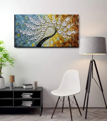 Miniatura 3 de YaSheng Art - Pintura al óleo de arte contemporánea hecha a mano de flores blancas en lienzo con textura 3D, pinturas de árbol abstractas