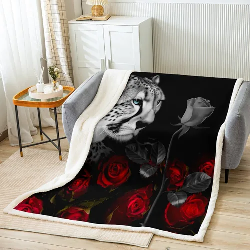 Miniatura 2 de Manta de sherpa con estampado de leopardo y rosas rojas y animales de safari africanos, manta de vellón para niños y adultos, estampado floral