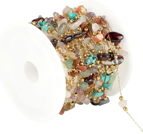 Miniatura 9 de UMAOKANG Cadena a granel de cuentas de piedra natural de 4 yardas para hacer joyas, rollo de cadena de clip de acero inoxidable chapado en oro