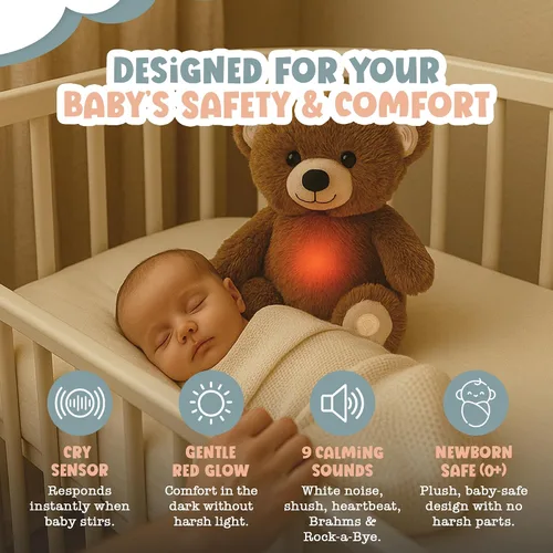 Miniatura 2 de Gemma Joy Calmante de Sueño para Bebé Oso Marrón para Bebé – Animal de Peluche con Latido Cardíaco Activado por Llanto – Calmante de Cuna Recargable
