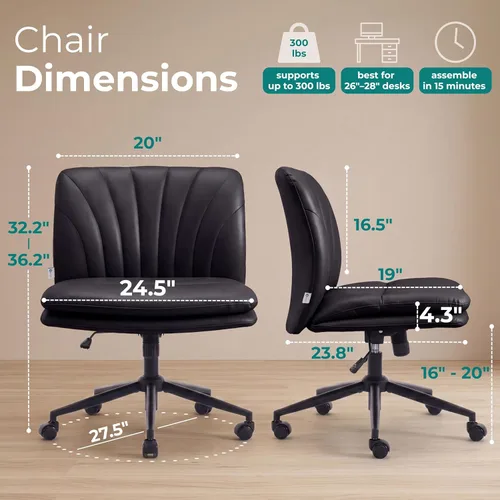 Miniatura 2 de NYPOT Silla de escritorio sin brazos con ruedas para sentarse entrecruzada, silla sin brazos anchos con patas cruzadas, taburete giratorio ajustable