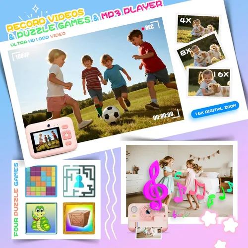 Miniatura 7 de Cámara de impresión instantánea para niños, regalos de cumpleaños de Navidad para niñas y niños de 3 a 15 años, cámara de video digital portátil Rosa