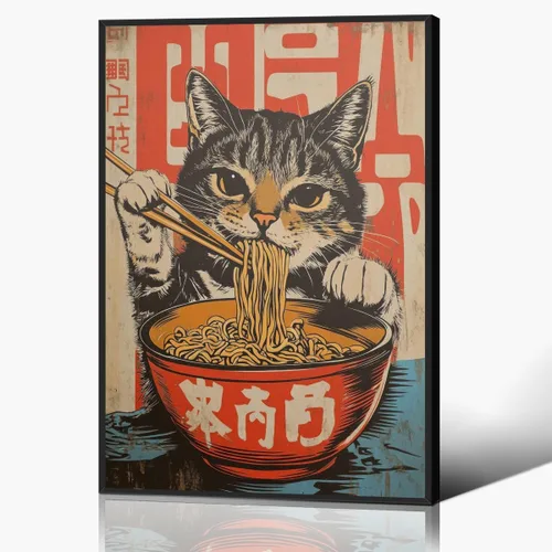 Miniatura 18 de Arte de pared vintage de gato japonés en lona, póster de gato negro peculiar comiendo ramen, impresión de arte retro de animales divertidos