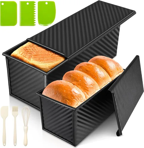 Miniatura 12 de Paquete de 2 moldes para pan con tapas, capacidad de masa de 1 libra, molde para pan Pullman de acero al carbono antiadherente para sándwich casero